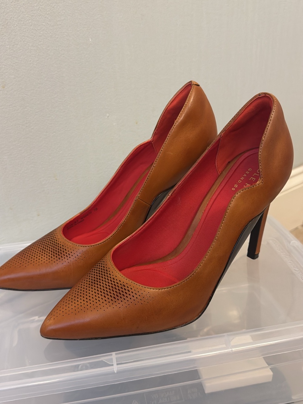 Cole Haan Tan Leather Pointed-Toe Pumps with Red Lining